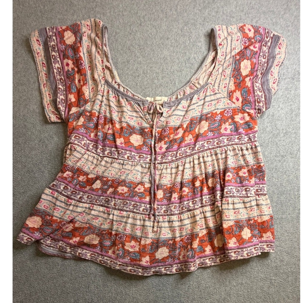 Lucky Brand Womens Small Boho Floral Peasant Top Short Sleeve Tiered Babydoll S
